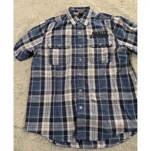 Harley Davidson Shirt Men L Blue Plaid Embroidered Logo Thick Short Sleeve